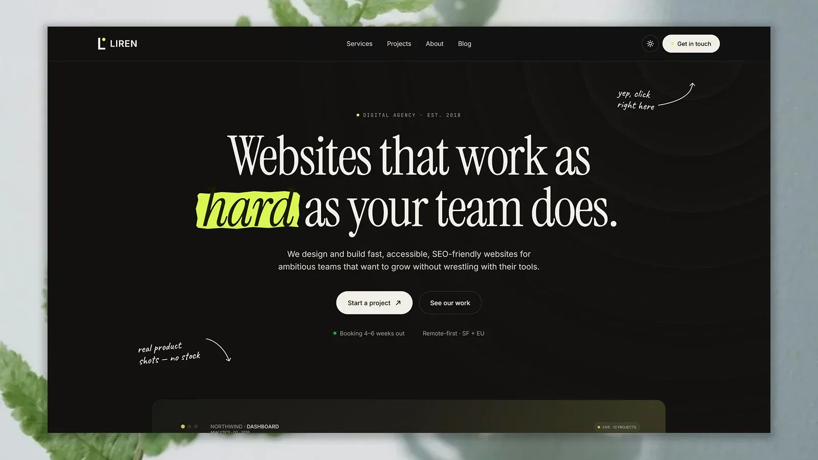 Liren template — agency home page in dark mode with an editorial serif headline